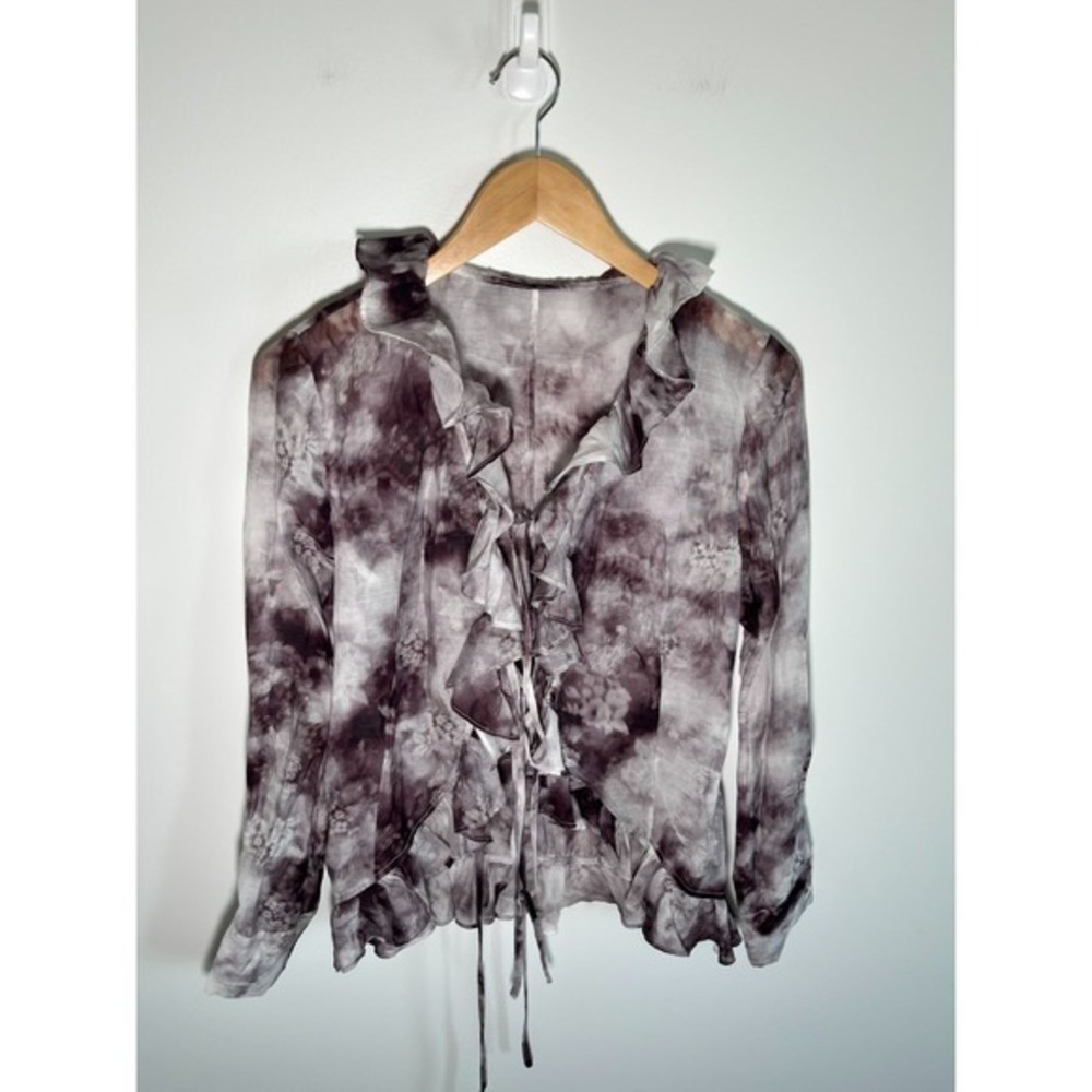 Whimsigoth Dark Fairy Witchy Womens Top Purple M Ruffle Tie‎ Front Sheer